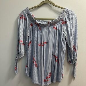 Olive & Oak Blue Striped Blouse with Red Floral Accents